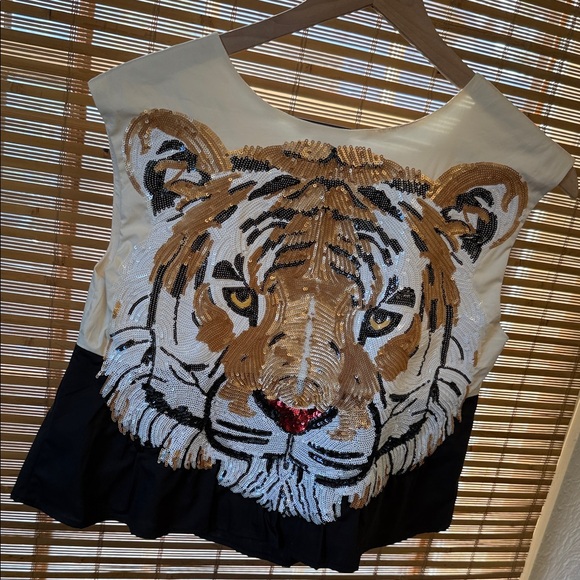 QUEEN OF SPARKLES Sequin Tiger Tank Top - Cream and Black - Picture 3 of 3